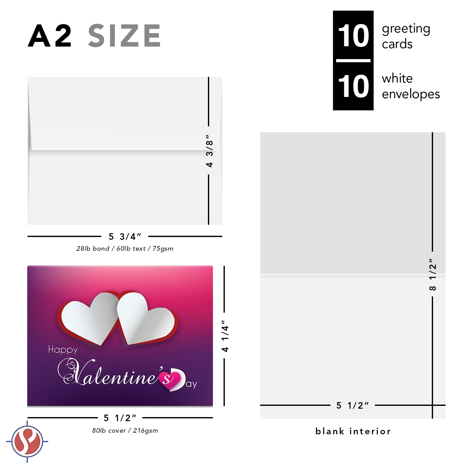 Valentine's Day Greeting Cards - 10 Pack Premium Quality 4.25x5.5 inches Heart Design and Typography Cards with Envelopes