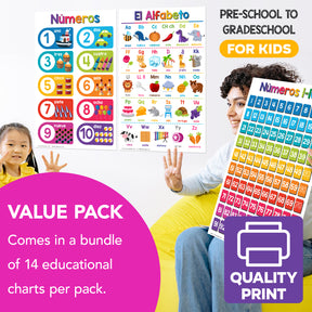 Spanish Chart Bundle - 14 Educational Posters for Kids - Large Size