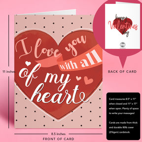 "I Love You with All of My Heart" Big Valentine's Day Greeting Cards and Envelopes – 8.5" x 11" Large Jumbo Size Valentines Card – 2 per Pack