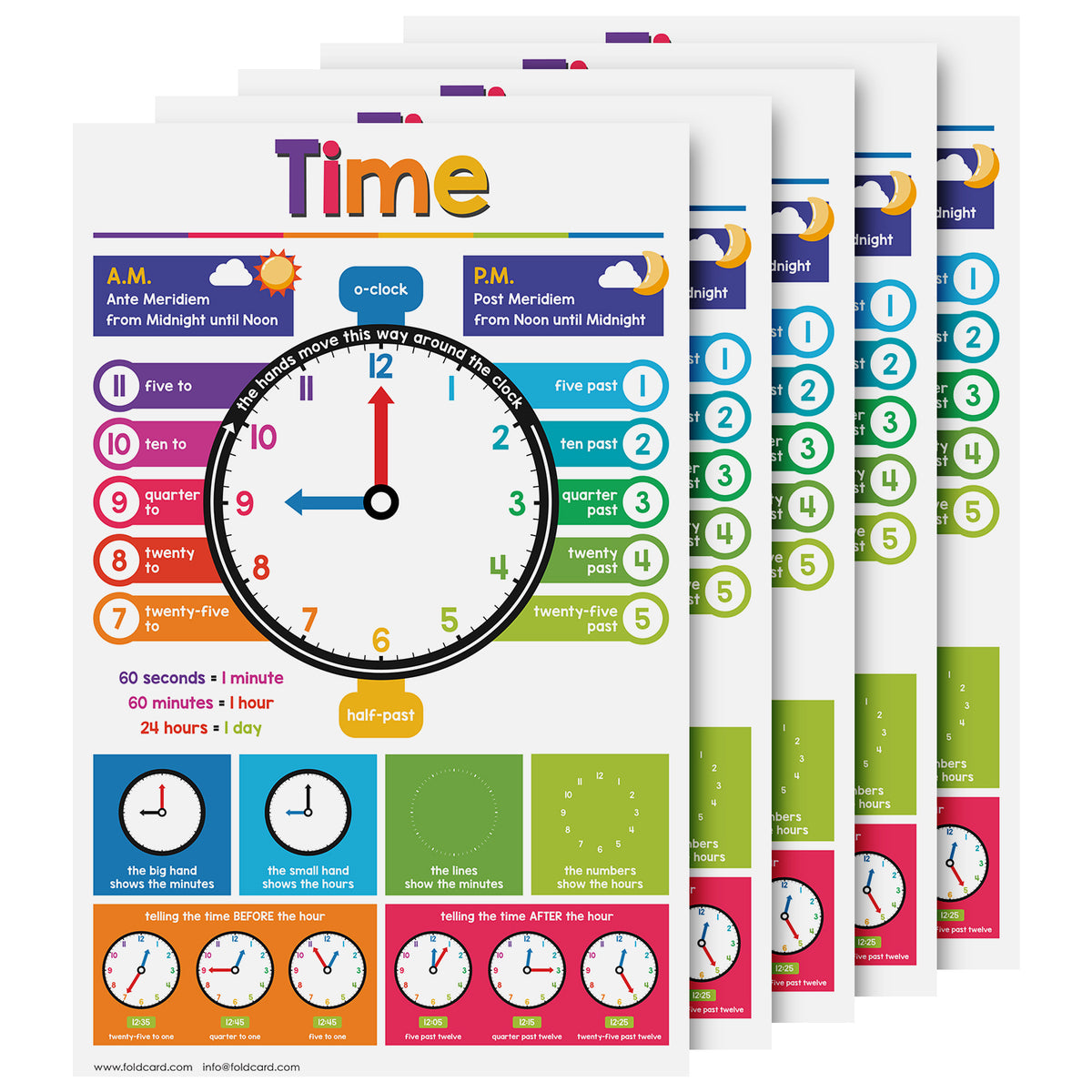 Colorful Time Chart for Kids - Learn to Tell Time | Durable Cardstock | 11" x 17" | 5-Pack