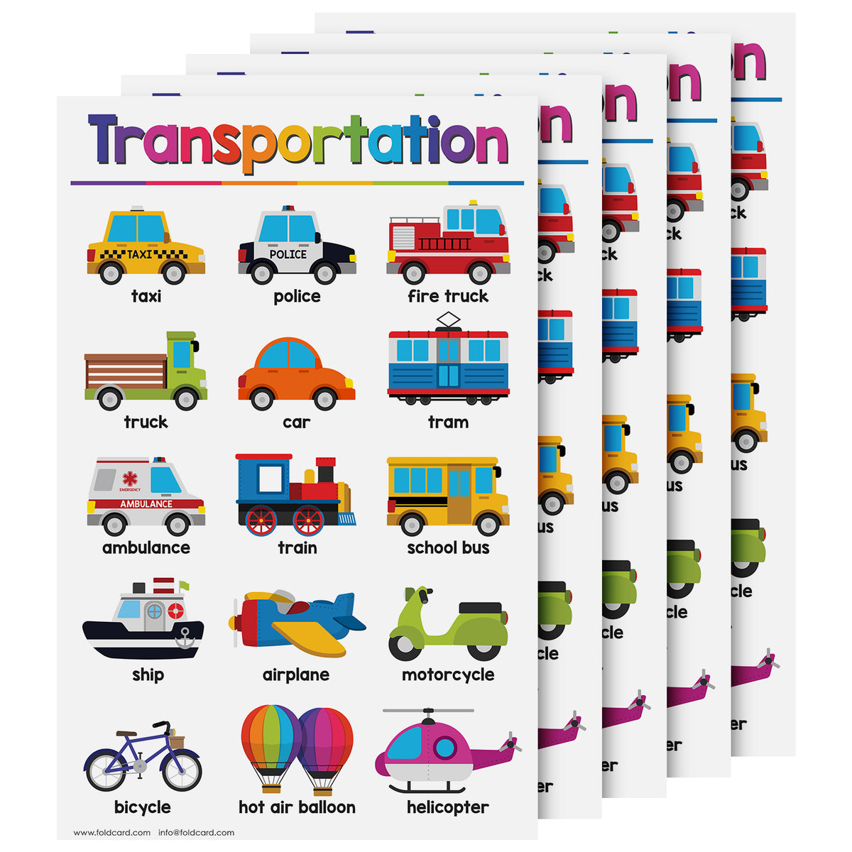 Transportation Chart for Kids – Bright & Colorful Educational Poster | 11" x 17" | 5-Pack