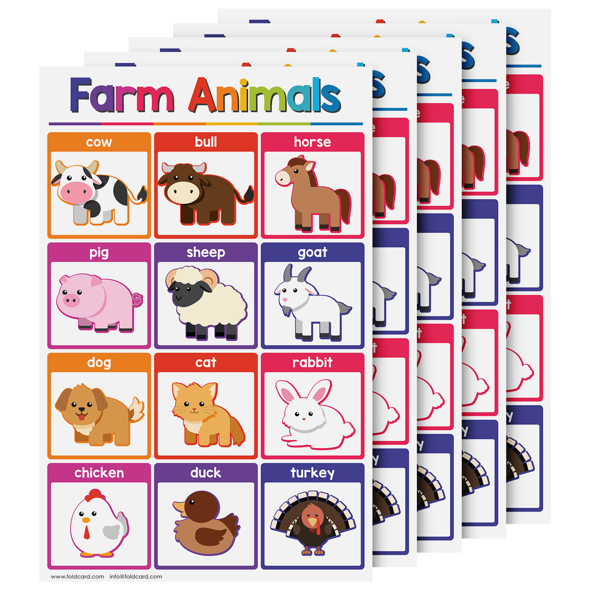 Farm Animals Chart for Kids | Bright and Colorful Educational Poster | 11" x 17" | 5 Pack