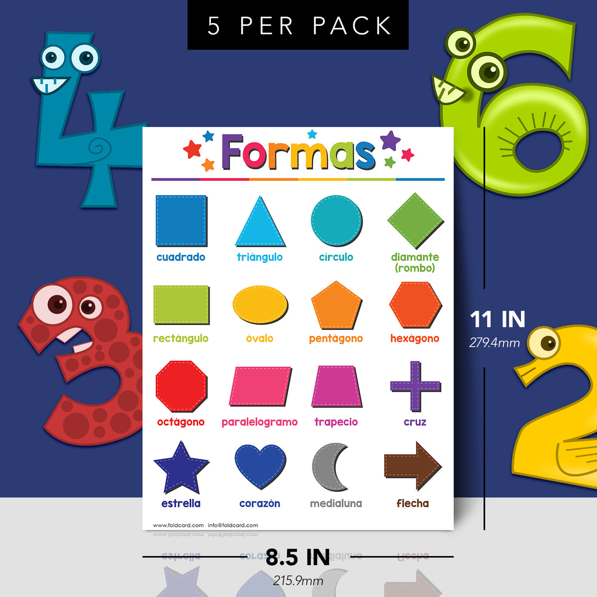 Spanish Shapes Chart for Kids | Educational Visual Learning Aid | 8.5" x 11" | 5 Pack