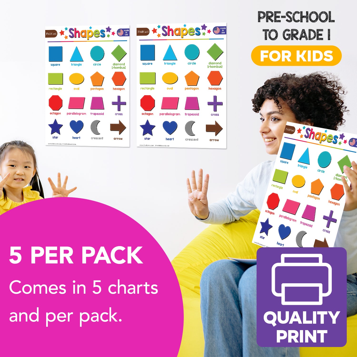 Shapes Chart for Kids | Educational Visual Learning Aid | 8.5" x 11" | 5 Pack