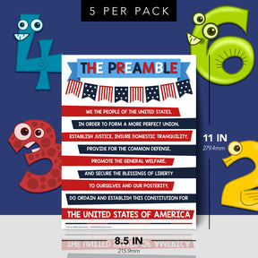 USA Preamble Chart for Preschool to Gradeschool Kids - Educational Learning Aid | 8.5" x 11" | 5 Pack