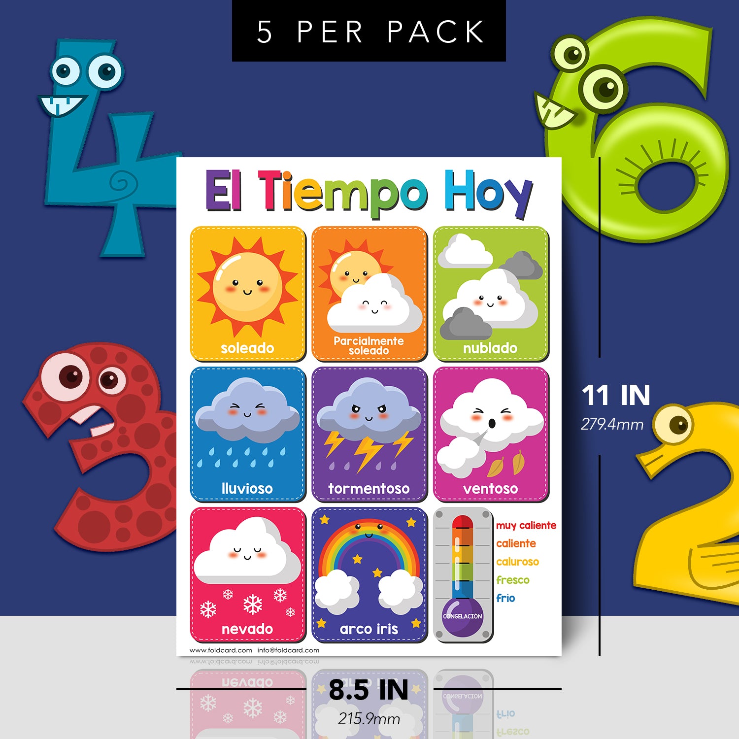 Spanish Bright Weather Chart | Preschool to Grade 1 | 8.5" x 11" | 5-Pack