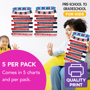 USA Preamble Chart for Preschool to Gradeschool Kids - Educational Learning Aid | 8.5" x 11" | 5 Pack