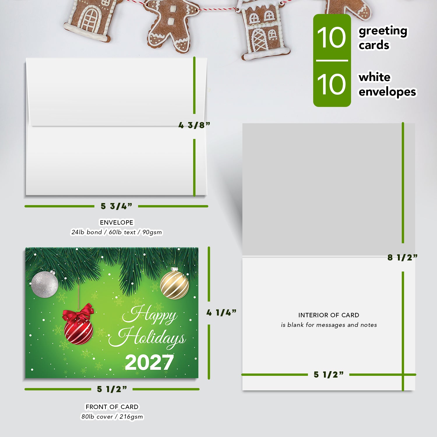 2023 Happy New Year - Tarjetas y sobres plegables de saludos navideños verdes, 25 tarjetas y 25 sobres por paquete - 4.25 x 5.5 pulgadas cuando están plegados