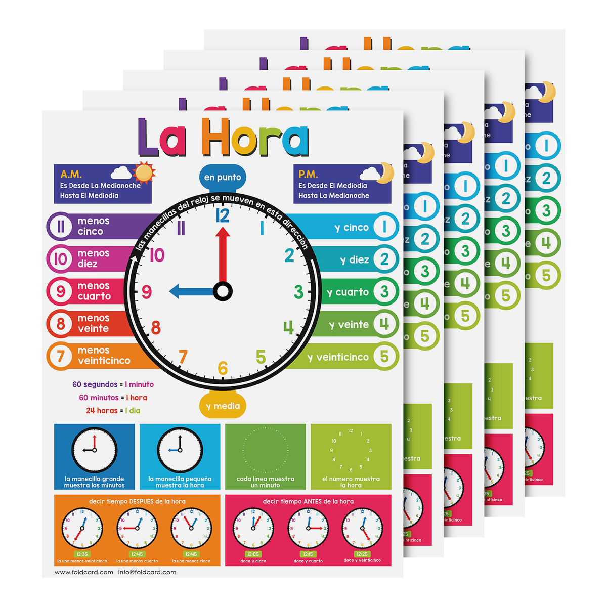 Spanish Colorful Time Chart for Kids - Learn to Tell Time | Durable Cardstock | 8.5" x 11" | 5-Pack