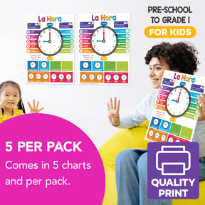 Spanish Colorful Time Chart for Kids - Learn to Tell Time | Durable Cardstock | 8.5" x 11" | 5-Pack