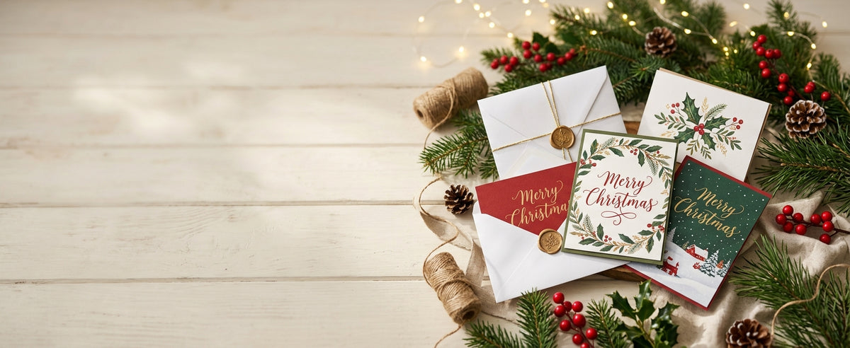 Holiday greeting cards with envelopes, pine branches and red berries – FoldCard
