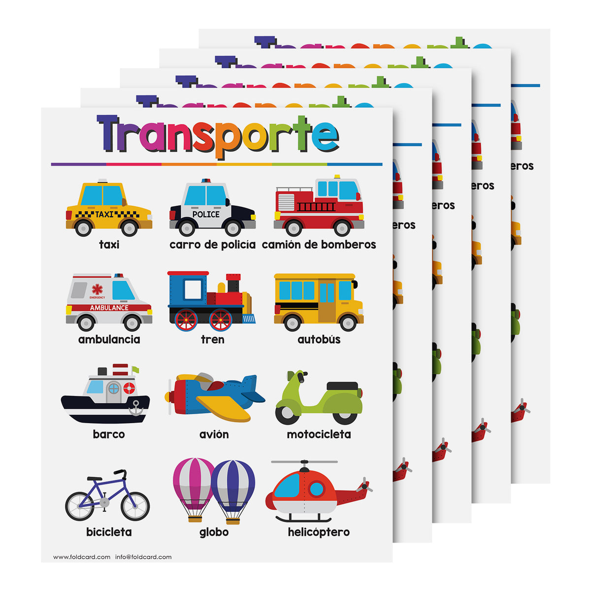 Spanish Transportation Chart for Kids – Bright & Colorful Educational Poster | 8.5" x 11" | 5-Pack
