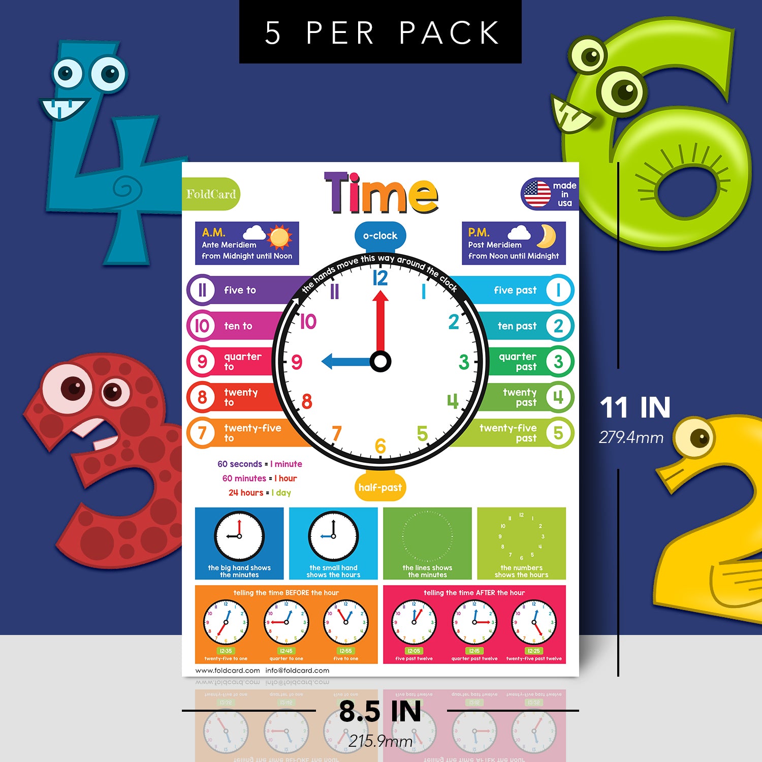 Colorful Time Chart for Kids - Learn to Tell Time | Durable Cardstock | 8.5" x 11" | 5-Pack