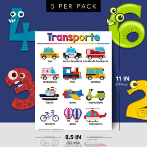 Spanish Transportation Chart for Kids – Bright & Colorful Educational Poster | 8.5" x 11" | 5-Pack