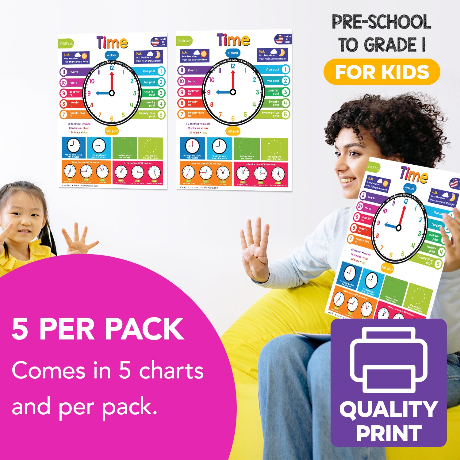 Colorful Time Chart for Kids - Learn to Tell Time | Durable Cardstock | 8.5" x 11" | 5-Pack