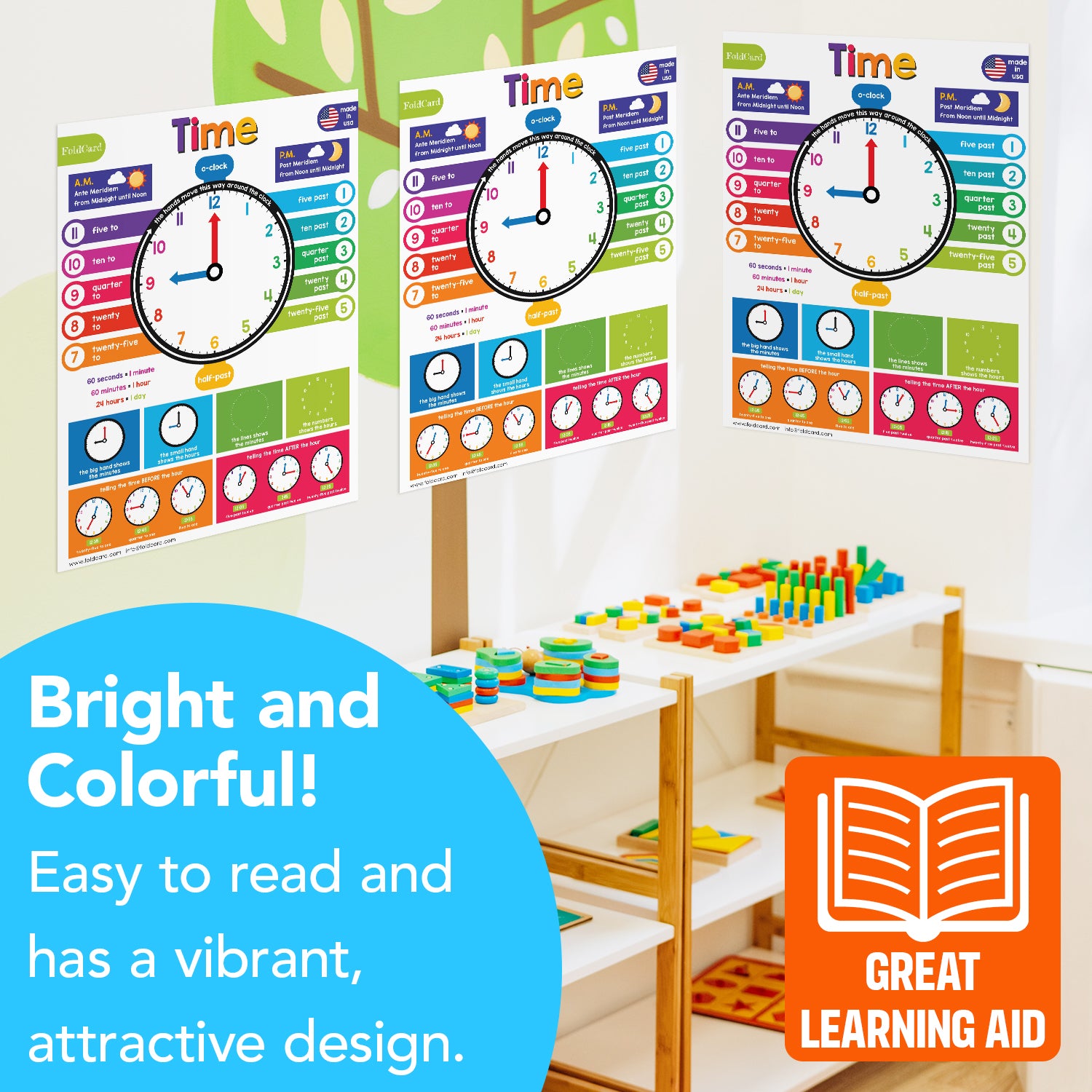 Colorful Time Chart for Kids - Learn to Tell Time | Durable Cardstock | 8.5" x 11" | 5-Pack