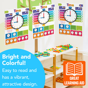 Colorful Time Chart for Kids - Learn to Tell Time | Durable Cardstock | 8.5" x 11" | 5-Pack