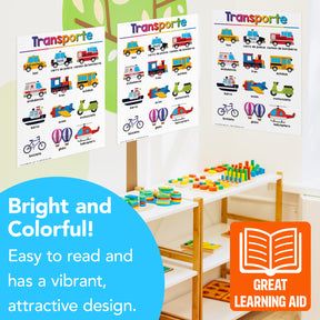 Spanish Transportation Chart for Kids – Bright & Colorful Educational Poster | 8.5" x 11" | 5-Pack