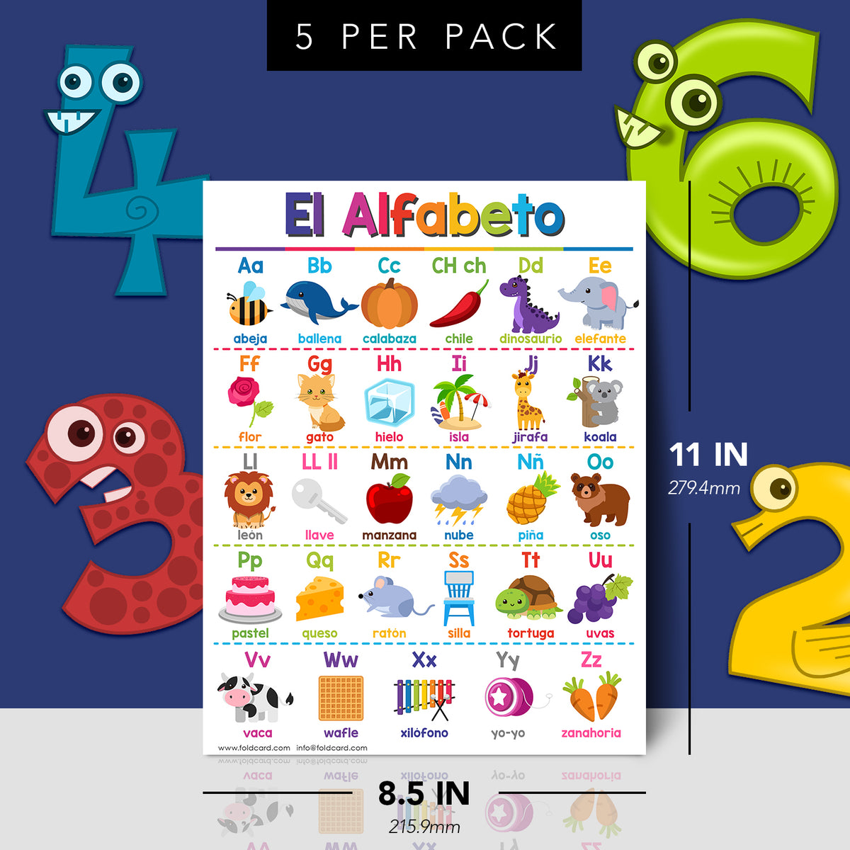 Spanish Alphabet Chart for Preschool to Grade 1 Kids - Educational Learning Aid | 8.5" x 11" | 5 Pack