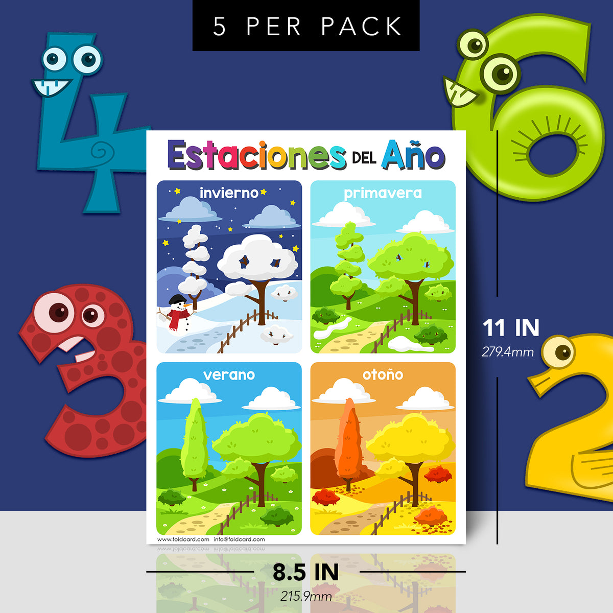 Spanish Seasons Chart for Kids | Bright and Colorful Educational Poster | 8.5" x 11" | 5 Pack
