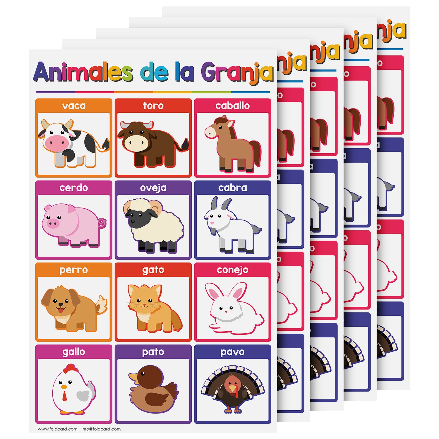 Farm Animals Spanish Chart for Kids | Bright and Colorful Educational Poster | 11" x 17" | 5 Pack