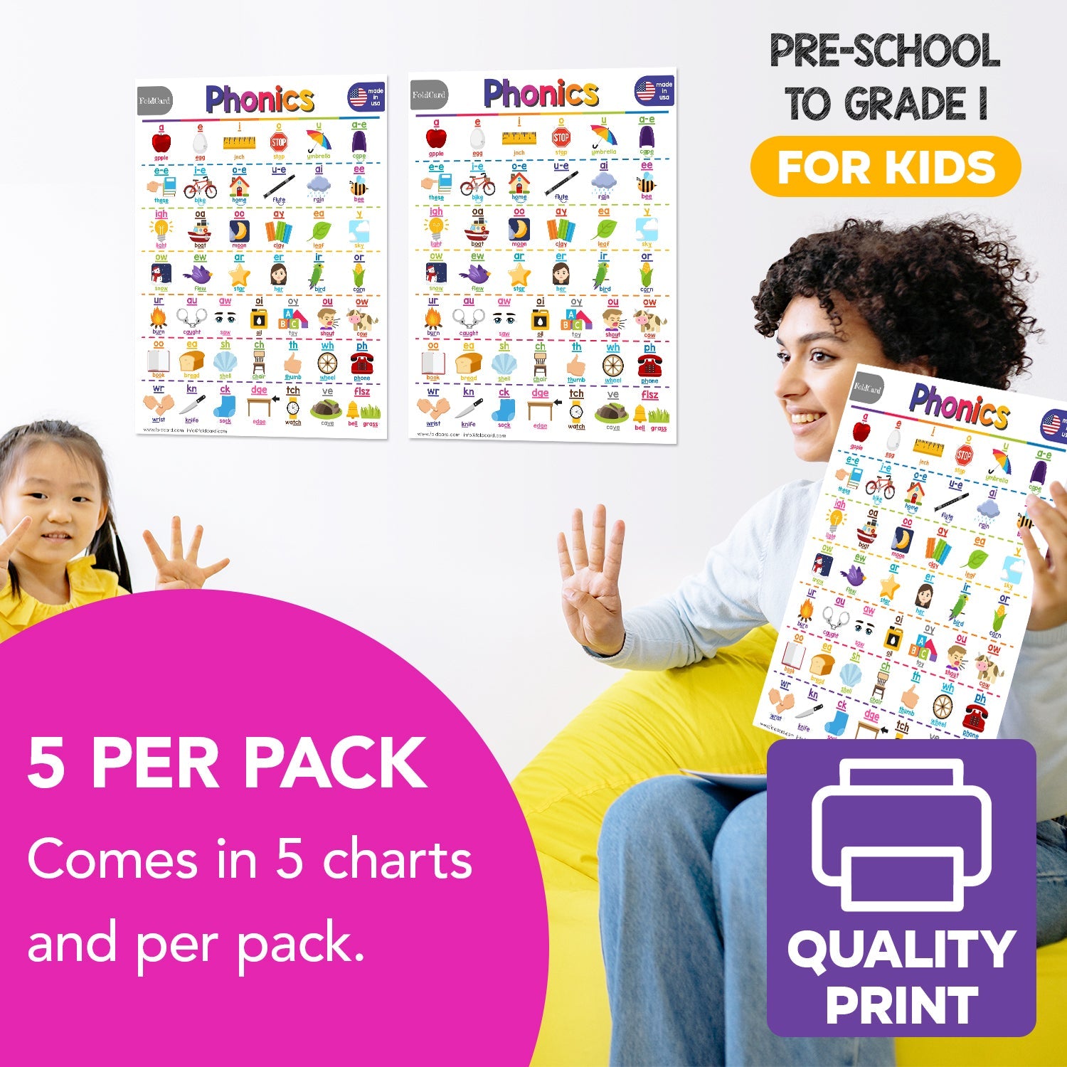 Phonics Chart for Kids - Educational Visual & Learning Aid | 8.5" x 11" | 5-Pack