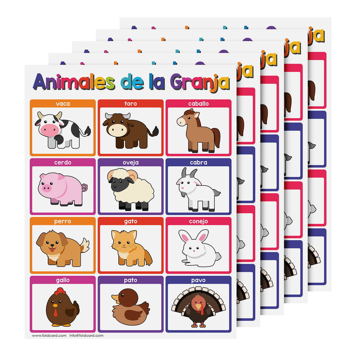 Farm Animals Spanish Chart for Kids | Bright and Colorful Educational Poster | 8.5" x 11" | 5 Pack