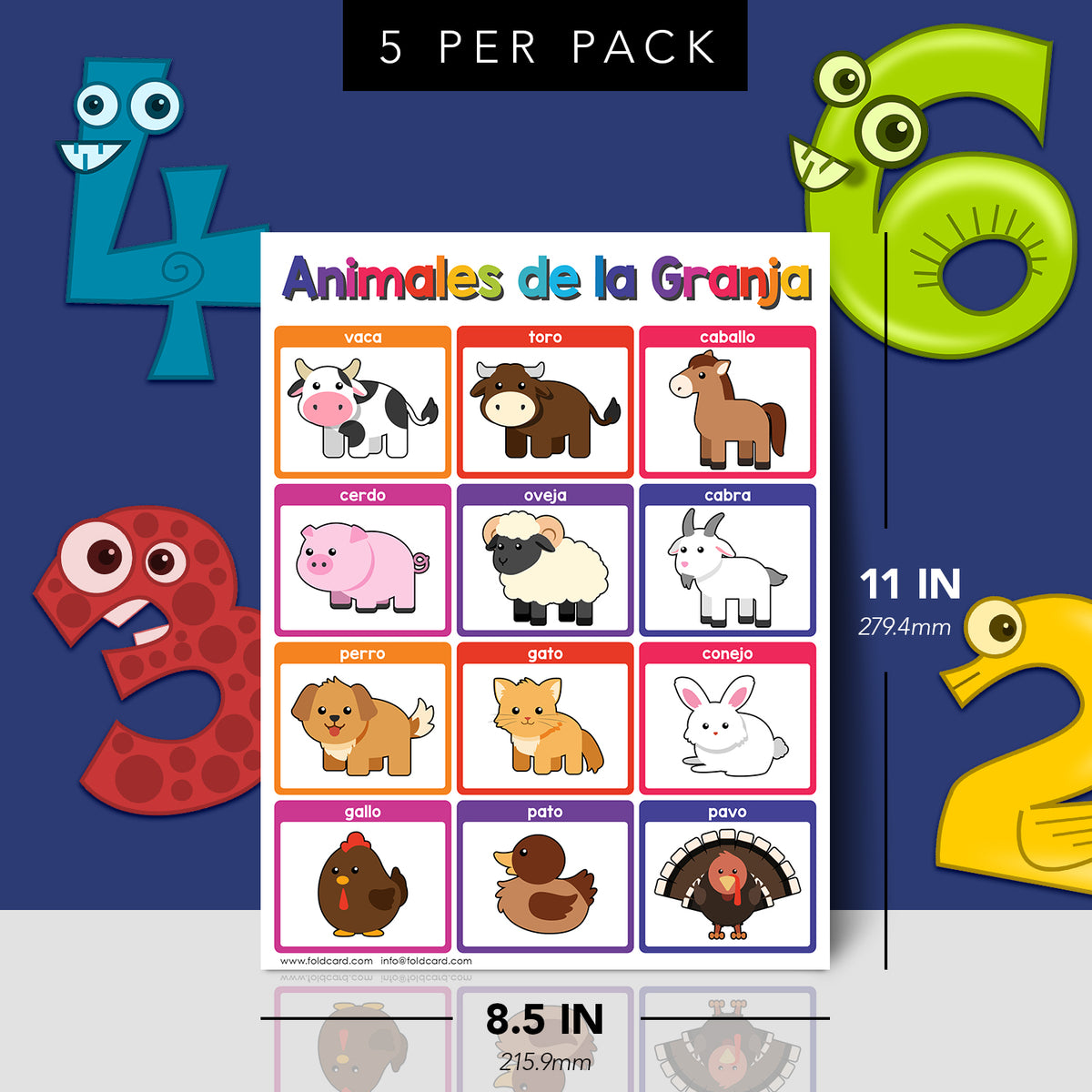 Farm Animals Spanish Chart for Kids | Bright and Colorful Educational Poster | 8.5" x 11" | 5 Pack