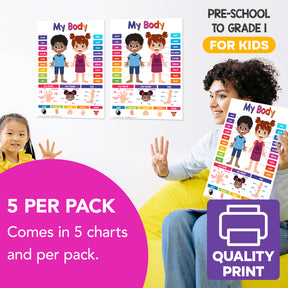 My Body Chart for Kids | Bright and Colorful Educational Poster | 8.5" x 11" | 5 Pack