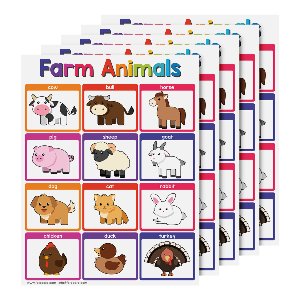 Farm Animals Chart for Kids | Bright and Colorful Educational Poster | 8.5" x 11" | 5 Pack