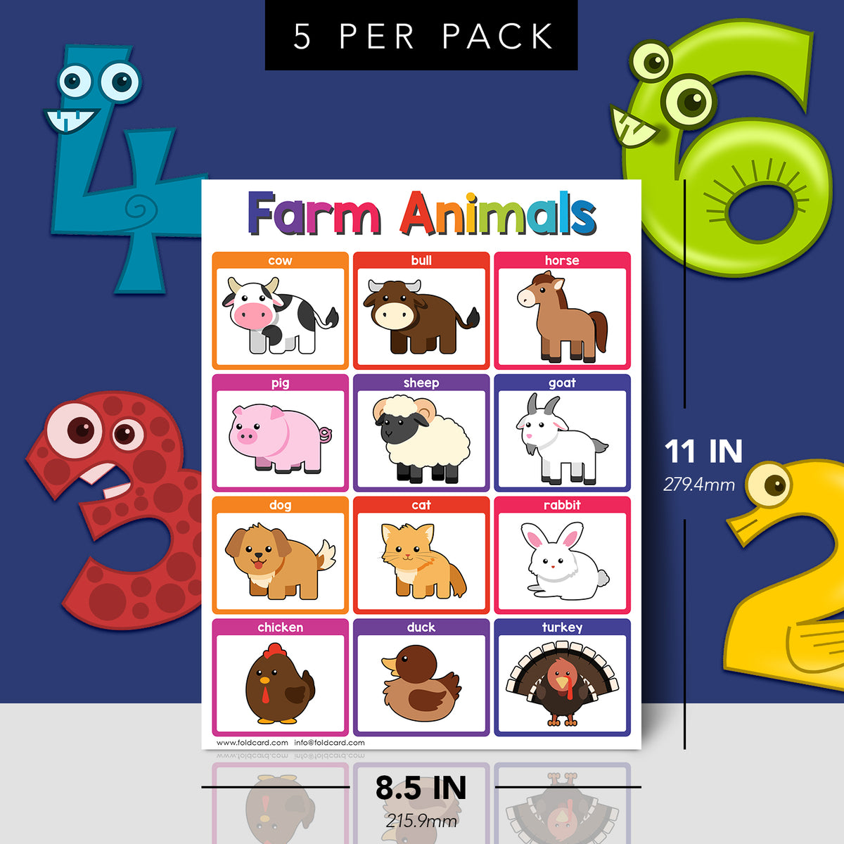 Farm Animals Chart for Kids | Bright and Colorful Educational Poster | 8.5" x 11" | 5 Pack