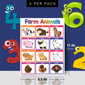 Farm Animals Chart for Kids | Bright and Colorful Educational Poster | 8.5" x 11" | 5 Pack