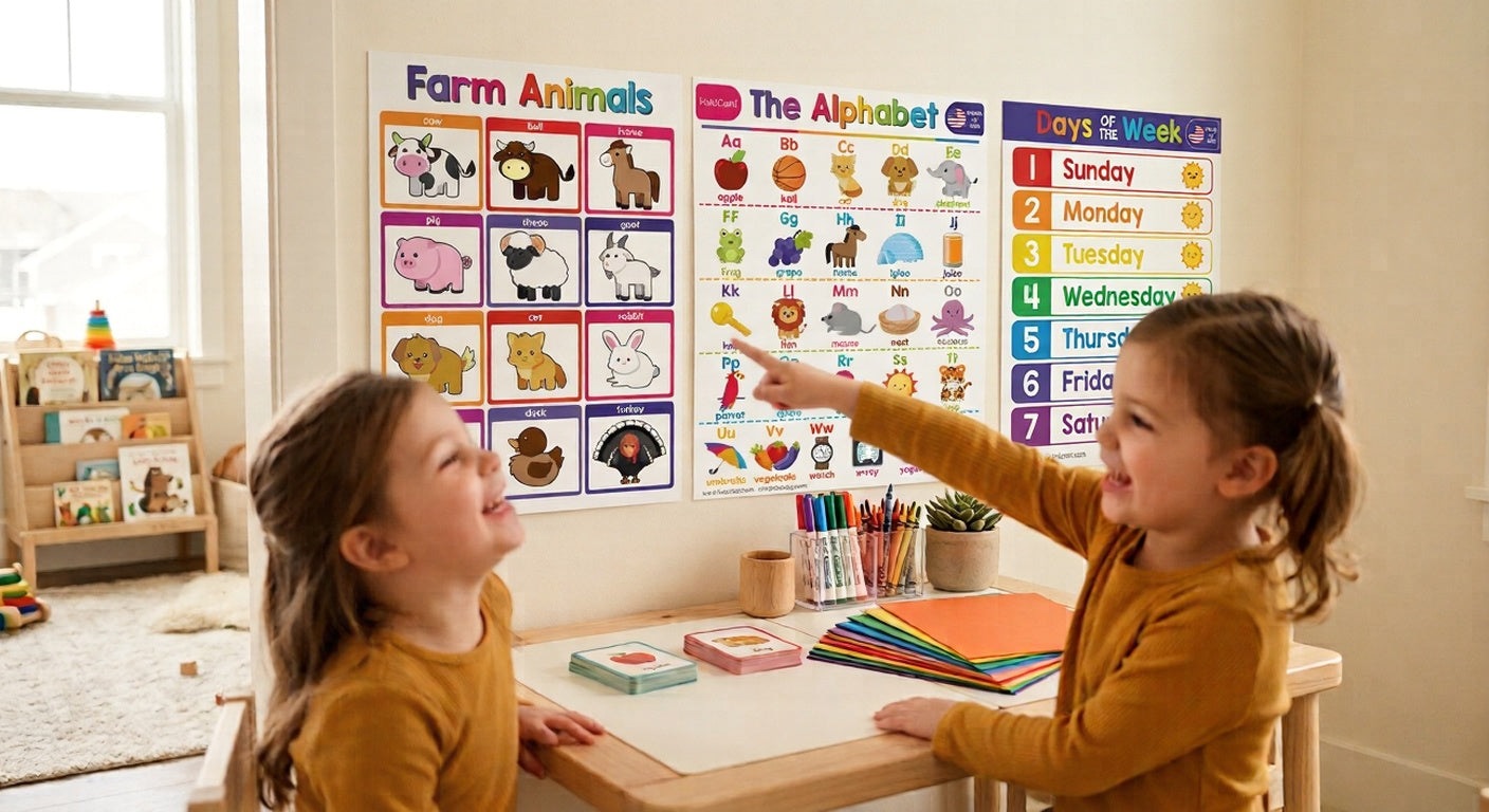 A young child pointing at colorful educational charts—including numbers, alphabet, and Spanish vocabulary—displayed on a wall in a brightly lit learning space with craft paper on a wooden desk.