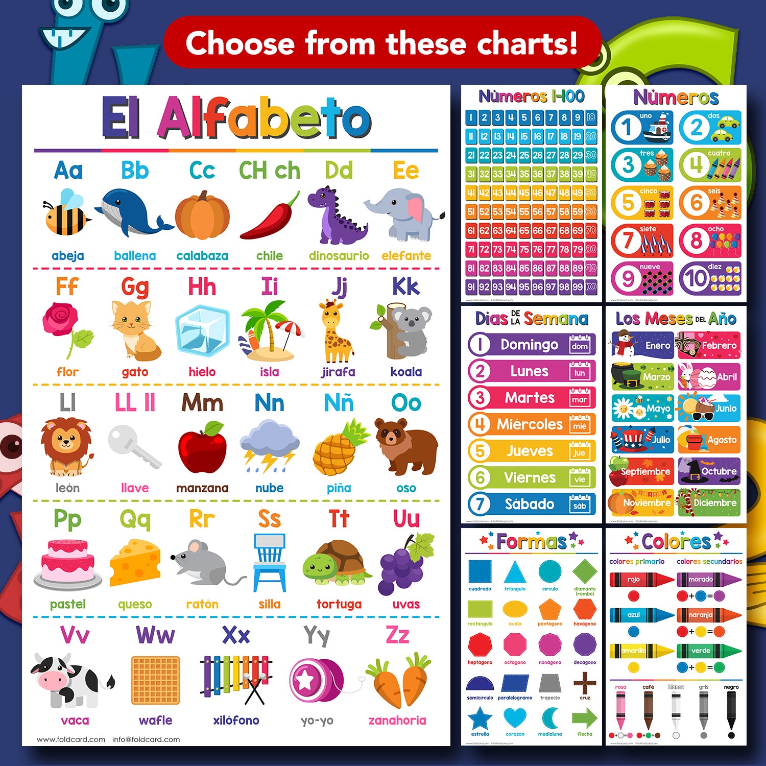 Colorful Spanish 12 Months of the Year Chart for Kids - Educational Poster | 5 Pack | 11" x 17" | Durable Cardstock