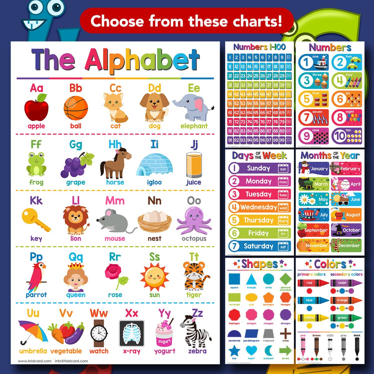 Colors Chart for Kids - Educational Poster | Durable Cardstock | 11" x 17" | 5-Pack