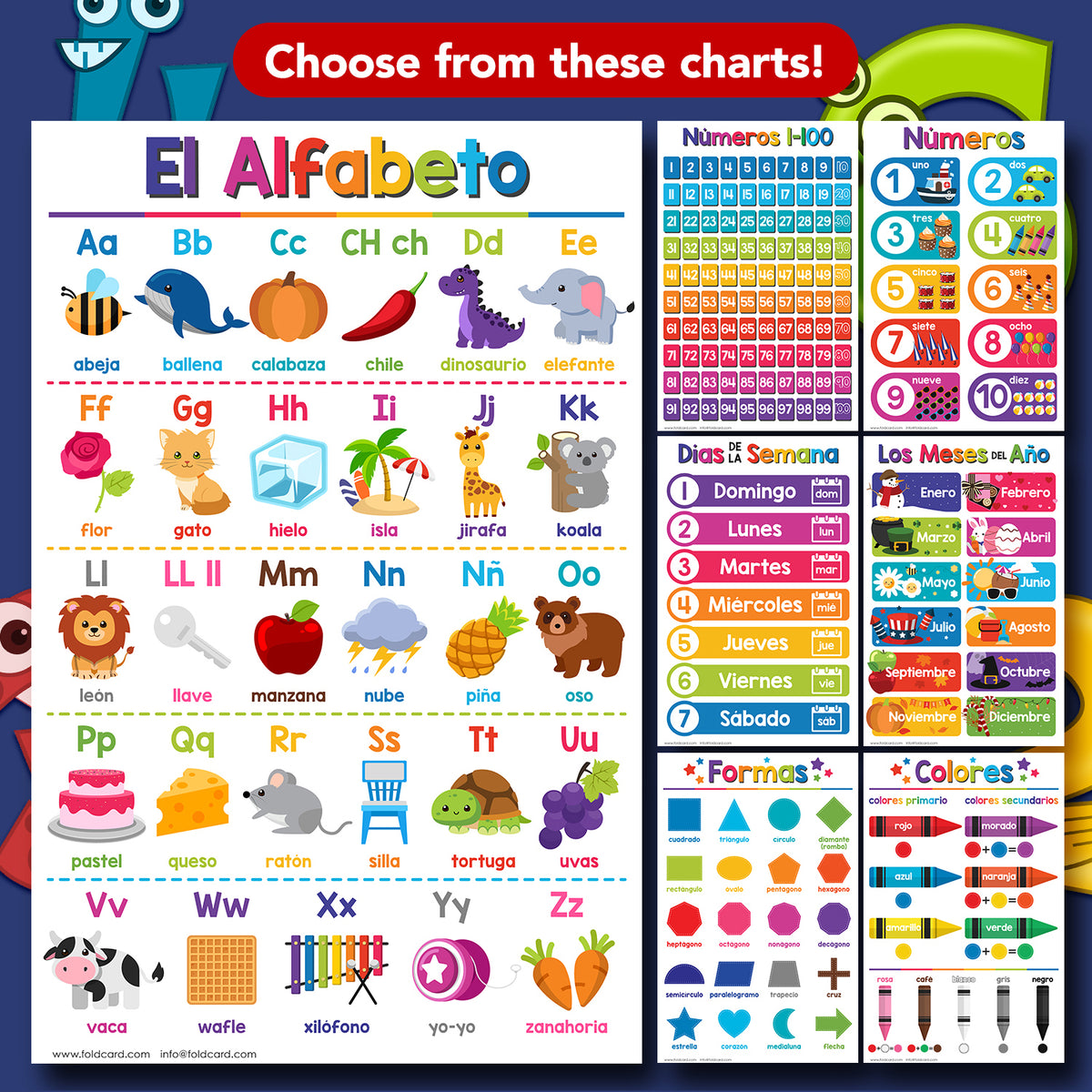Spanish Colors Chart for Kids - Educational Poster | Durable Cardstock | 11" x 17" | 5-Pack