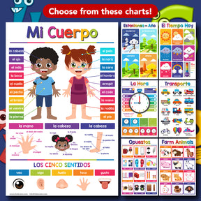 Spanish Colorful Time Chart for Kids - Learn to Tell Time | Durable Cardstock | 11" x 17" | 5-Pack