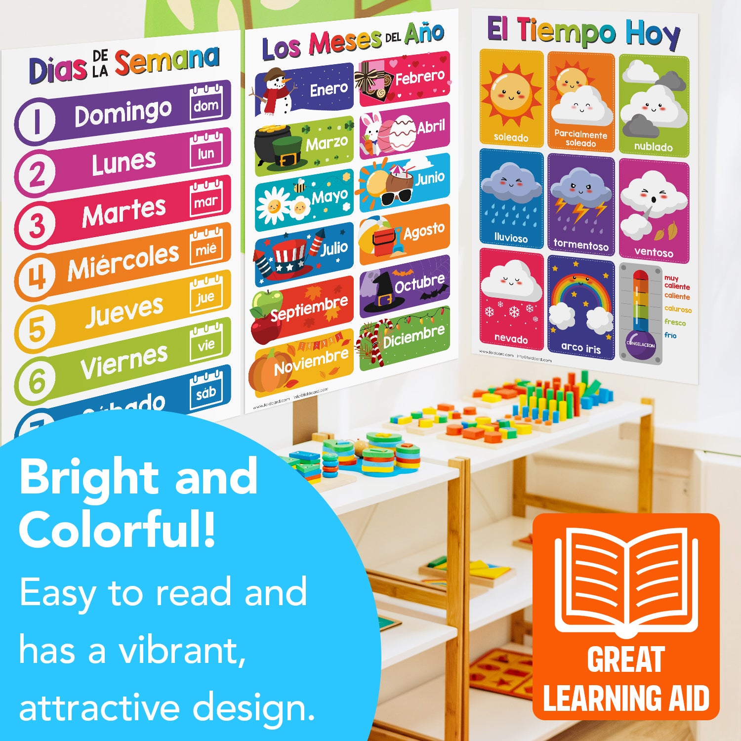 Spanish Opposites Chart for Kids - Fun Learning Poster | Preschool to Grade 1 | 11" x 17" 5-Pack