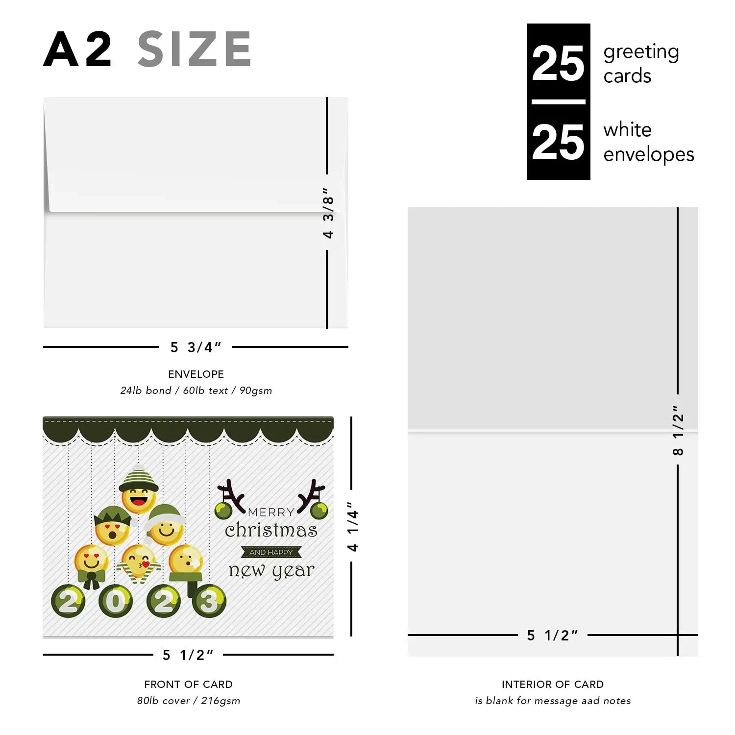 2023 Greeting Cards & Envelopes Merry Christmas and Happy New Year, Green Tree Emoji. Set of 25 FoldCard