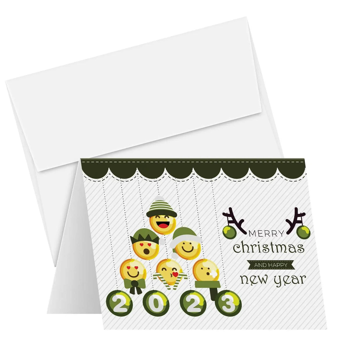 2023 Greeting Cards & Envelopes Merry Christmas and Happy New Year, Green Tree Emoji. Set of 25 FoldCard