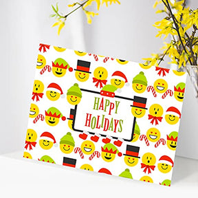 2023 Happy Holidays Greeting Cards – Red & Green, Funny Cute Emoji Pattern. Set of 25 FoldCard