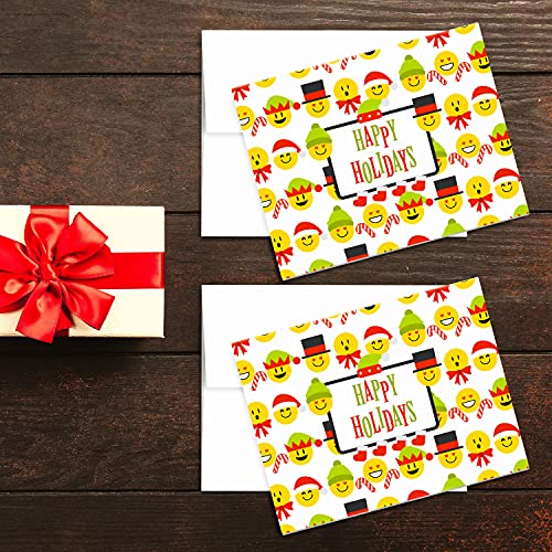 2023 Happy Holidays Greeting Cards – Red & Green, Funny Cute Emoji Pattern. Set of 25 FoldCard