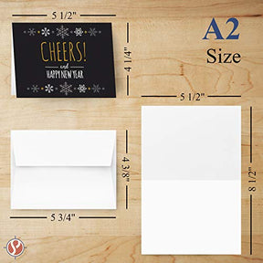 2023 Happy New Year, 25 Cards and 25 Envelopes per Pack - 4.25 x 5.5” (Black Cheers) FoldCard