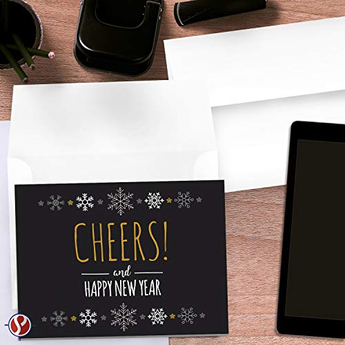 2023 Happy New Year, 25 Cards and 25 Envelopes per Pack - 4.25 x 5.5” (Black Cheers) FoldCard
