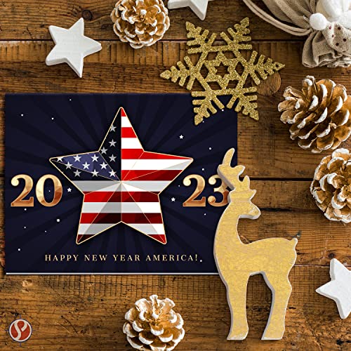 2023 Happy New Year America! – American Xmas Fold Over Greeting Cards & Envelopes (Blank Inside) FoldCard