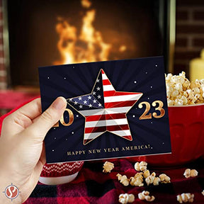 2023 Happy New Year America! – American Xmas Fold Over Greeting Cards & Envelopes (Blank Inside) FoldCard
