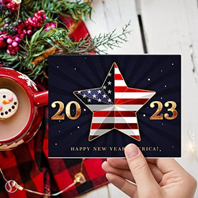 2023 Happy New Year America! – American Xmas Fold Over Greeting Cards & Envelopes (Blank Inside) FoldCard