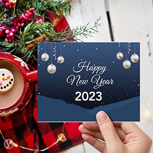 2023 Happy New Year – Blue Holiday Greetings 25 Cards and 25 Envelopes per Pack - 5 x 7" Inches When Folded FoldCard