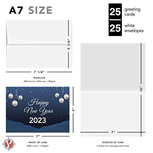 2023 Happy New Year – Blue Holiday Greetings 25 Cards and 25 Envelopes per Pack - 5 x 7" Inches When Folded FoldCard