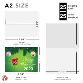 2023 Happy New Year – Green Holiday Greetings Fold Over Cards & Envelopes, 25 Cards and 25 Envelopes per Pack - 4.25 x 5.5 Inches When Folded FoldCard